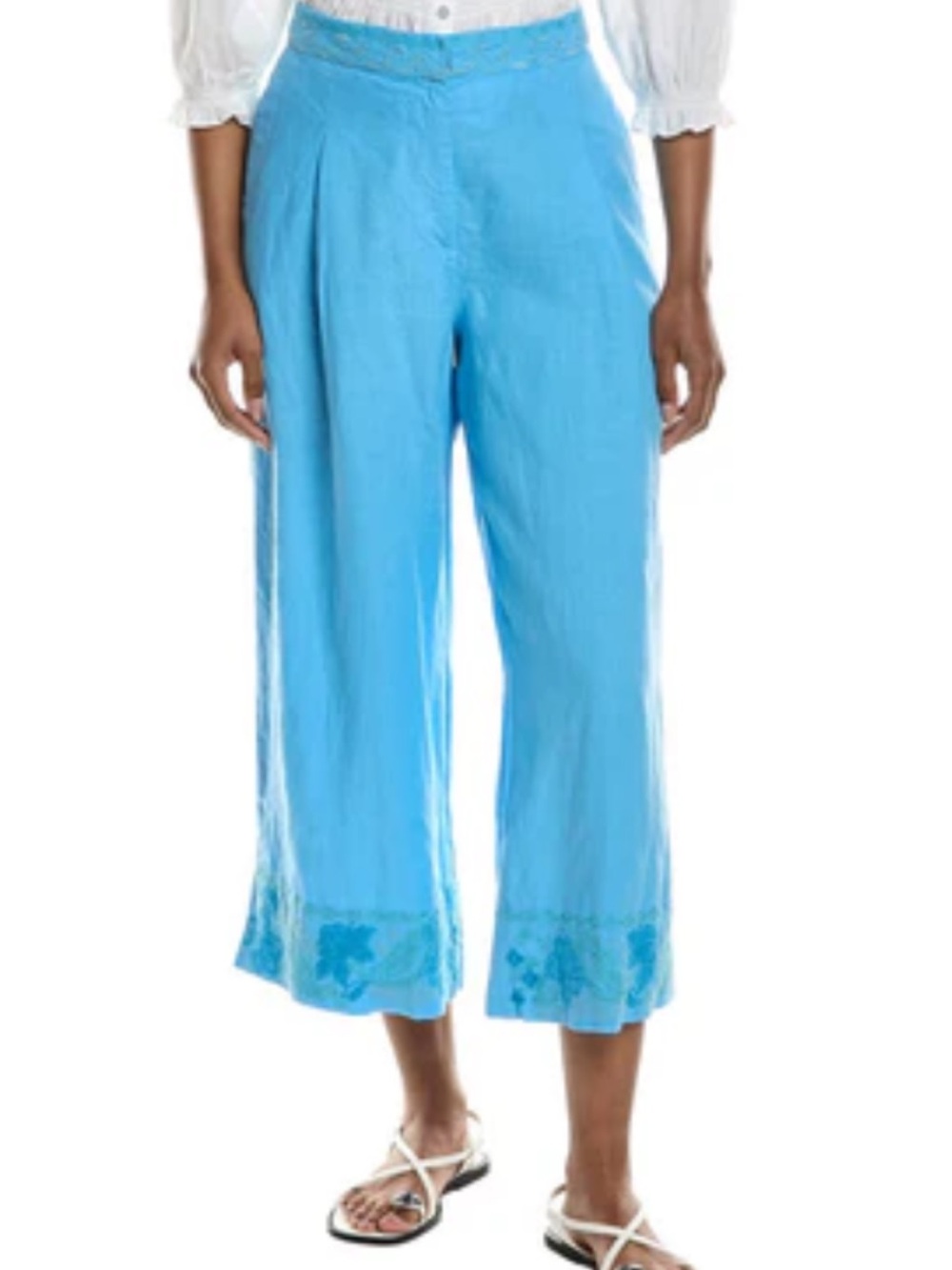 Johnny Was Sky Blue Embroidered Crop Linen Pants